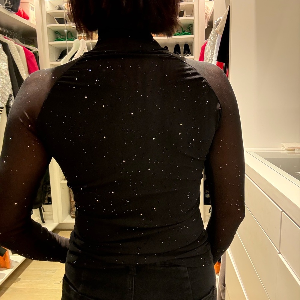 Black Sheer Mesh Sparkle Turtleneck Top - Picture 6 of 6